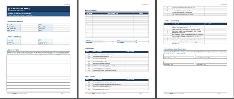 May include: A business document labelled "SCOPE OF WORK & PROPOSAL" with a dark blue header. The document is divided into sections for project information, proposal details, scope of work, cost summary, inclusions, exclusions, terms & conditions, and acceptance & authorisation.