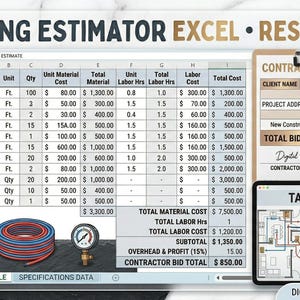 Op de afbeelding: Een digitale loodgieter schattingssjabloon in Excel/PDF. De afbeelding toont een gedetailleerde spreadsheet met artikelbeschrijvingen, kosten en arbeidsuren, naast een offertevoorstel voor aannemers en take-off data.