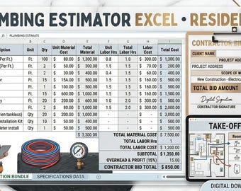 Plumbing Estimator Excel • Residential Plumbing Estimate Template • Contractor Bid Proposal • Take-Off