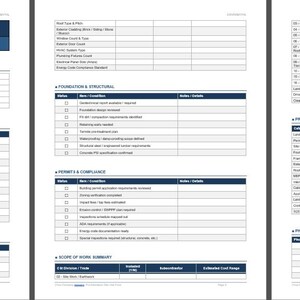 May include: Three-page document with tables and text. The top section features a dark blue banner with the text "[YOUR COMPANY NAME]" and "NEW RESIDENTIAL CONSTRUCTION". The document includes sections for project information, site conditions, and building specifications.