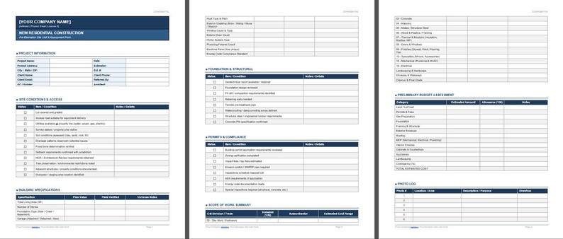 May include: Three-page document with tables and text. The top section features a dark blue banner with the text "[YOUR COMPANY NAME]" and "NEW RESIDENTIAL CONSTRUCTION". The document includes sections for project information, site conditions, and building specifications.