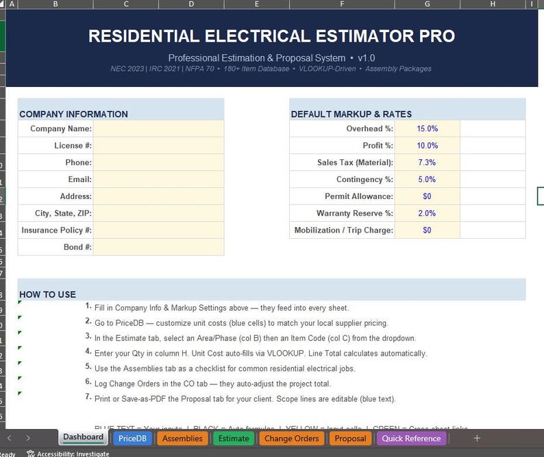 Electrical Estimator Excel • Residential Electrical Estimate Template ...