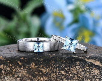 Princess Cut Aquamarine Wedding Band Set: His and Hers Matching Couple Engagement Rings