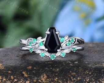 Coffin Cut Black Onyx Engagement Ring Set: Gothic Leaf Emerald Wedding Band, Nature Inspired