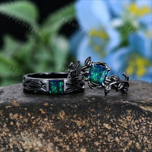 Gothic Black Fire Opal Couple Ring Set: Princess Opal Leaf Matching Rings, October Birthstone
