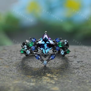 Gothic Rhombus Alexandrite Engagement Ring Set: Marquise Emerald Sapphire Twig Vine Bridal Set