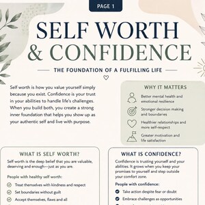 May include: A beige informational page titled SELF WORTH & CONFIDENCE, THE FOUNDATION OF A FULFILLING LIFE. It features sections on why it matters, definitions of self-worth and confidence, signs of struggling, and workbook goals with botanical illustrations.