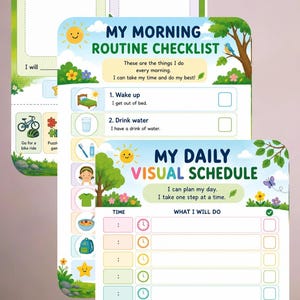 Könnte beinhalten: Drei Lernplakate mit Illustrationen zum Thema Natur. Die Tafeln tragen die Titel My First-Then Board, My Morning Routine Checklist und My Daily Visual Schedule. Jedes Plakat enthält bunte Symbole, leere Felder zum Ausfüllen und Kontrollkästchen.