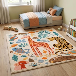 Safari Animal Kingdom Kids Rug, Jungle Nursery Decor, Giraffe Leopard Elephant Play Mat