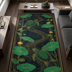 Sea Turtle Runner Rug, Art Nouveau Art Deco Fusion Hallway Decor