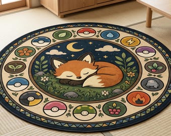 Sleeping Fox Round Rug, Stained Glass Forest Nursery Mat, Celestial Moon Stars Gamer Carpet