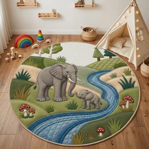 Elephant Round Rug, 3D Quilted Patchwork Nursery Decor, Kids Play Mat
