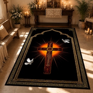 May include: A rectangular area rug featuring a black background with a central glowing orange cross surrounded by a golden crown of thorns. Two white doves are depicted in flight on either side of the cross, framed by an ornate gold border.