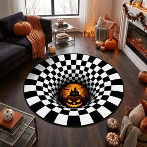May include: A round area rug featuring a black and white checkered pattern that creates a 3D optical illusion of a deep hole. The center of the rug displays a glowing orange full moon, a dark silhouette of a haunted house, and a jack-o'-lantern.