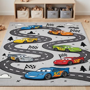 Colorful Cartoon Racing Cars Play Mat, Kids Road Carpet, Boys Room Decor