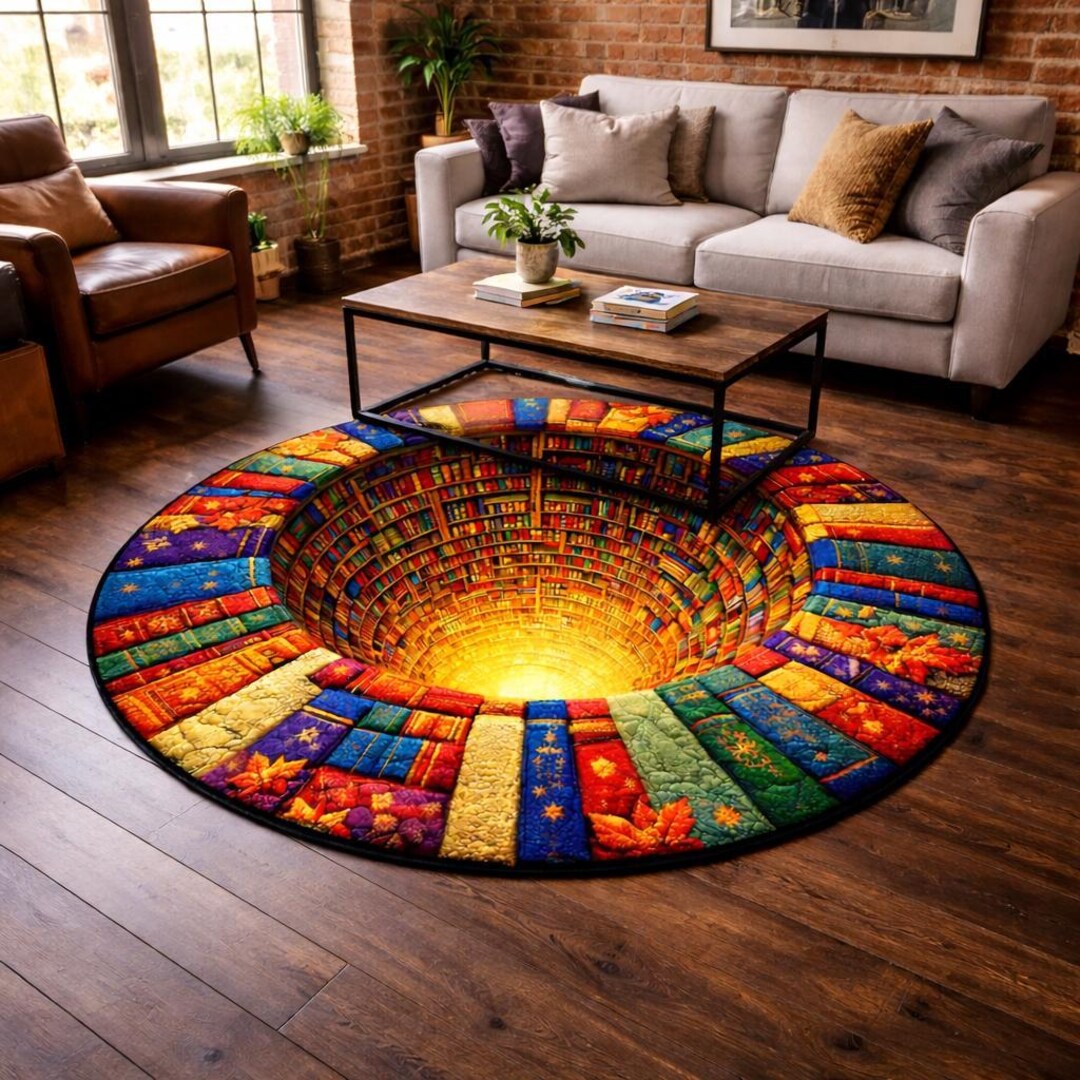 3D Optical Illusion Library Rug, Infinite Bookshelf Round Carpet ...