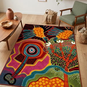 Colorful Bird Area Rug, Maximalist Folk Art Carpet, Eclectic Boho Statement Decor