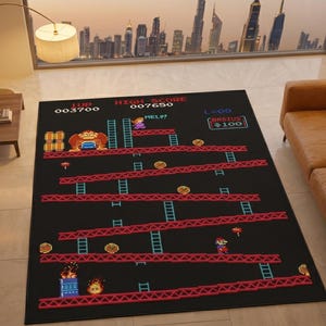 Retro Arcade Area Rug, 8-Bit Pixel Art, Vintage Platformer Game Room Decor
