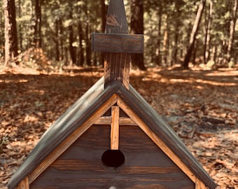 Rustic Gray Church Birdhouse with Steeple Roof | Handcrafted Wooden Birdhouse | Farmhouse Garden Decor