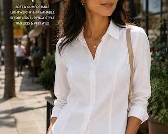 Camicetta bianca da donna Paperwhite, taglia 8, in cotone lycra elasticizzato, top classico da lavoro.