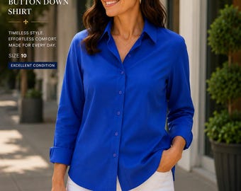Camisa social Foxcroft NYC azul cobalto, tamanho 10, em algodão misto, sem amassados.