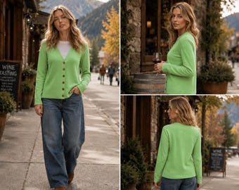 Cardigã Talbots em mistura de algodão verde: leve, estilo clássico preppy