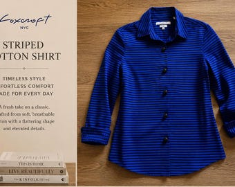 Camisa listrada azul e preta de algodão Foxcroft NYC, blusa profissional que não amassa.
