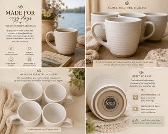 Conjunto de 4 canecas de cerâmica Food Network: Xícaras de café rústicas com estampa de pintas.