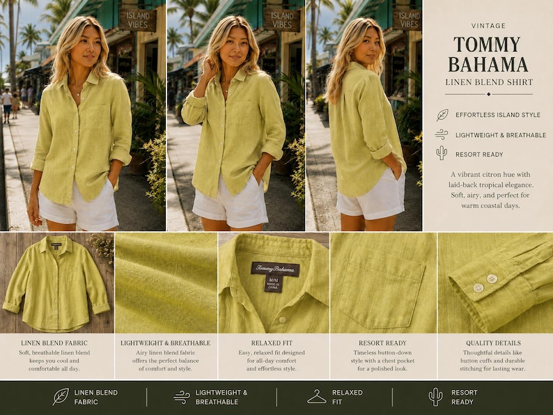 以下が含まれることがあります： 鮮やかなシトラスカラーのヴィンテージTommy Bahamaリネンブレンドシャツ。軽量で通気性のあるシャツは、リラックスしたフィット感、ボタンダウンのスタイル、胸ポケットが特徴です。暖かい海岸の日に最適です。