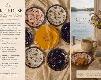 Conjunto de Pratos de Chá Borboleta Lake House: Pratos de Sobremesa em Porcelana Azul Cobalto