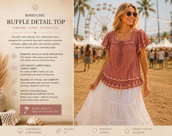Blusa vintage romântica boho com textura amassada em rosa antigo com acabamento em fita de cetim, estilo cottagecore/prairie.