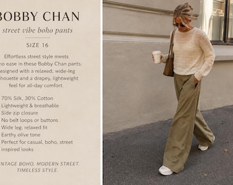 Calça Bobby Chan de perna larga em mistura de seda – Verde Oliva, estilo boho streetwear, tamanho 16