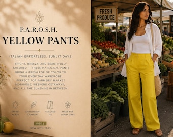 Calças de alfaiataria amarelas de perna larga P.A.R.O.S.H. – Calças de designer italiano (Tamanho G, novas com etiqueta)