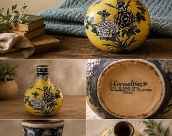 Vaso floral vintage Baum Bros. Formalities Imperial Peony – Jarro de gengibre com esmalte craquelado amarelo