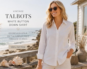 Camisa vintage Talbots branca de algodão com botões, tamanho 10, estilo praiano.