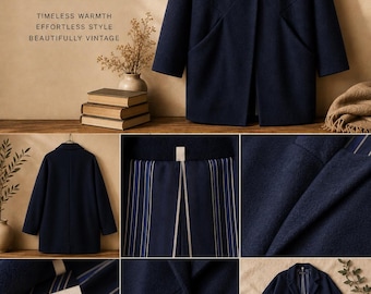 Jaqueta vintage azul marinho em mistura de lã – Tamanho pequeno, casaco minimalista chique
