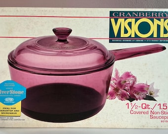 Cacerola antiadherente con tapa Cranberry Visions de 1 1/2 cuartos, año 1992, certificada por DuPont, marca SilverStone, nunca usada.