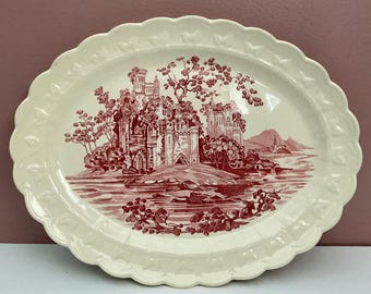 Vintage Taylor Smith Taylor Pink Castle 13.5” Oval Serving Platter Red Transferware
