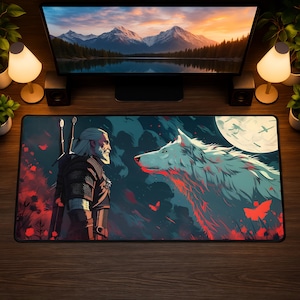 May include: A rectangular gaming mouse pad featuring a fantasy art design. The artwork depicts a man with white hair and a wolf, set against a dark background with a full moon. Red accents and butterfly details add visual interest.