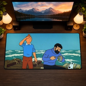 Tintin-musmatta, vintage reseskrivbordsmatta, retro äventyrsestetisk musmatta, klassisk serietidningsskrivbordsuppsättning, utforskarskrivbordsdekor, present till honom