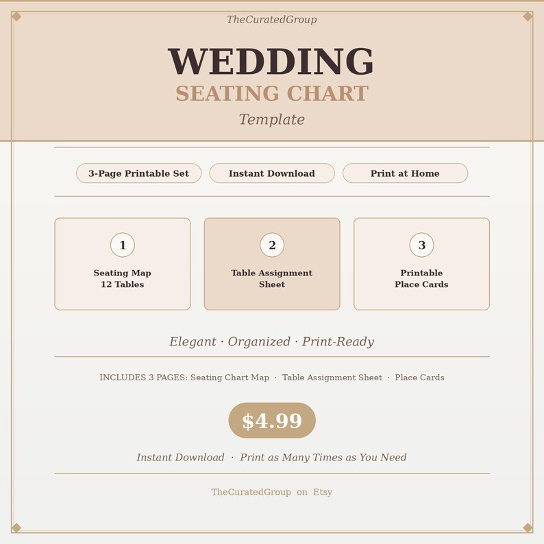 Wedding Seating Chart Printable | Table Assignment Sheet + Place Cards ...