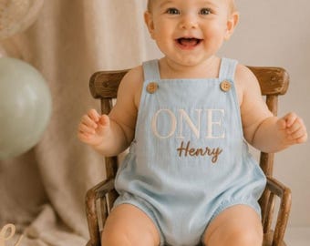 Personalized Baby Boy Romper, Custom Embroidered Name, First Birthday Outfit, Cake Smash, One Year Old Gift