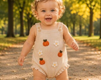 Pelele de bebé tejido con calabazas, conjunto de bebé de otoño, conjunto de bebé para Acción de Gracias, pelele de bebé tejido, pelele para niña, regalo para el primer Día de Acción de Gracias