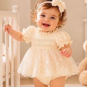 Baby Girl Lace Romper Dress, Baptism Outfit, Christening Dress, First Birthday Outfit, Ivory Baby Girl Romper