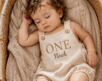 Personalized Baby Romper | Custom Embroidered First Birthday Outfit | Linen Cotton Romper | One Birthday Outfit Boy Girl