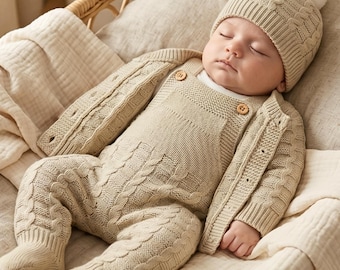 Neutralny dzianinowy ubranko dla dziecka, beżowy komplet dla noworodka, prezent na baby shower, strój na powrót do domu, przytulne ubranka dla dziecka