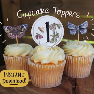 Botanical First Birthday Cupcake Toppers, 1st Birthday Toppers, 1st Bee Day Toppers, Woodland Cupcake Toppers, Butterfly Toppers