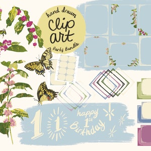 Puede incluir: Paquete de clip art de fiesta dibujado a mano con fondo azul. El paquete incluye una abeja, mariposas, flores, marcos y una pancarta de feliz 1er cumpleaños.