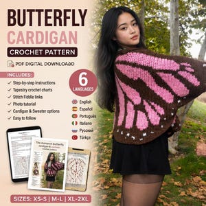 May include: A crochet pattern for a butterfly cardigan. The design features a brown and pink butterfly wing pattern. The pattern includes step-by-step instructions, tapestry crochet charts, and photo tutorials. Available in sizes XS-S, M-L, and XL-2XL.