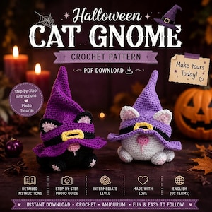 Peut inclure: Deux gnomes chats d'Halloween au crochet portant des chapeaux de sorcière violets avec des bandes noires et des boucles jaunes. Un gnome est noir avec des oreilles roses, l'autre est gris clair avec des oreilles roses. Texte : Halloween Cat Gnome.